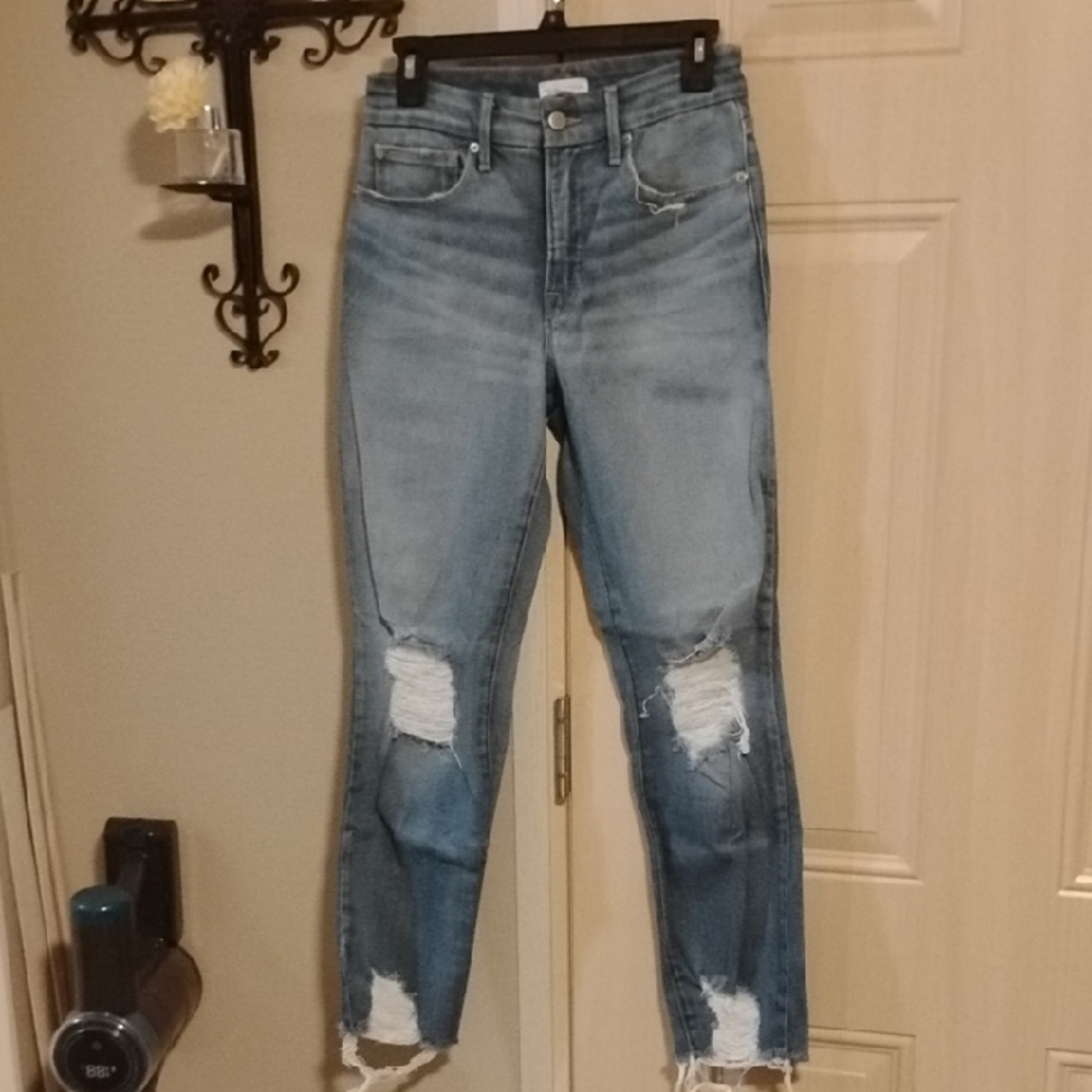 Good American Medium Wash Hi-Rise Distressed Raw Hem Straight Leg Jeans 4/27